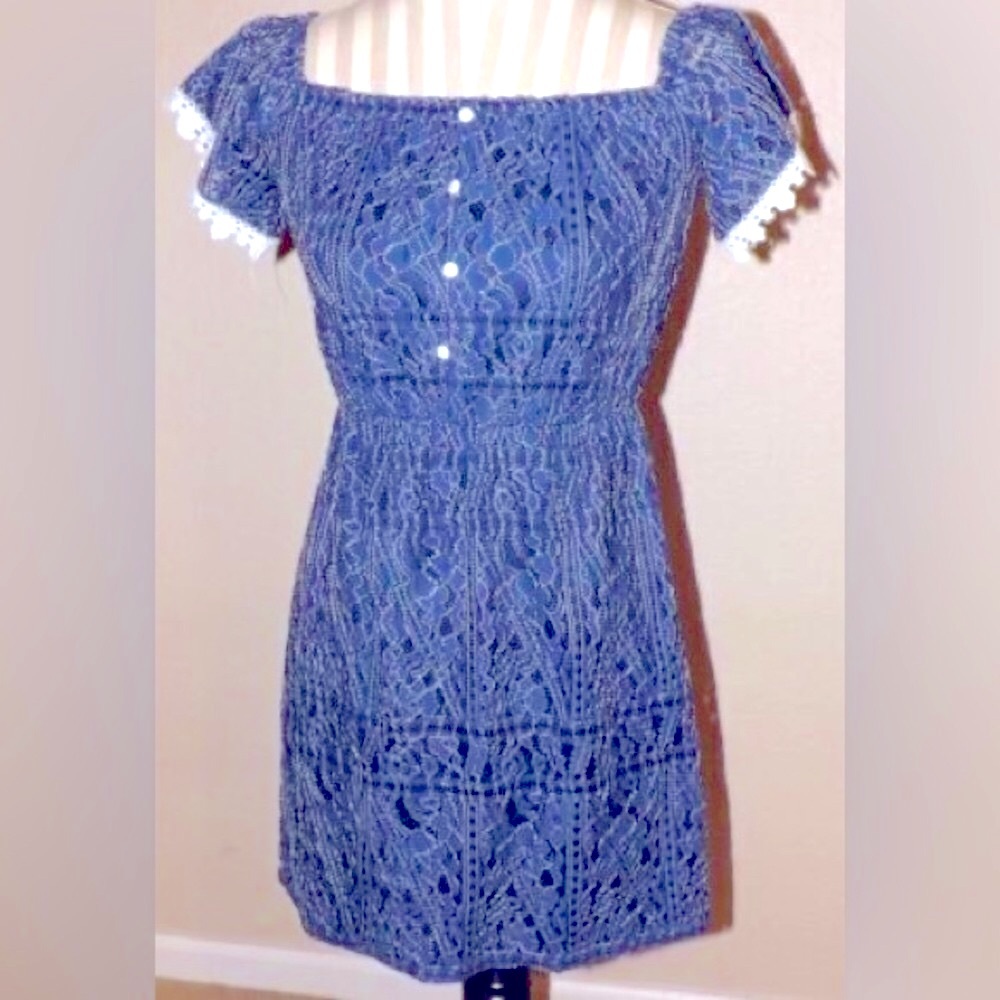 CHELSEA & VIOLET NAVY LACE EMBROIDERED OFF THE SHOULDER MINI DRESS NWOT